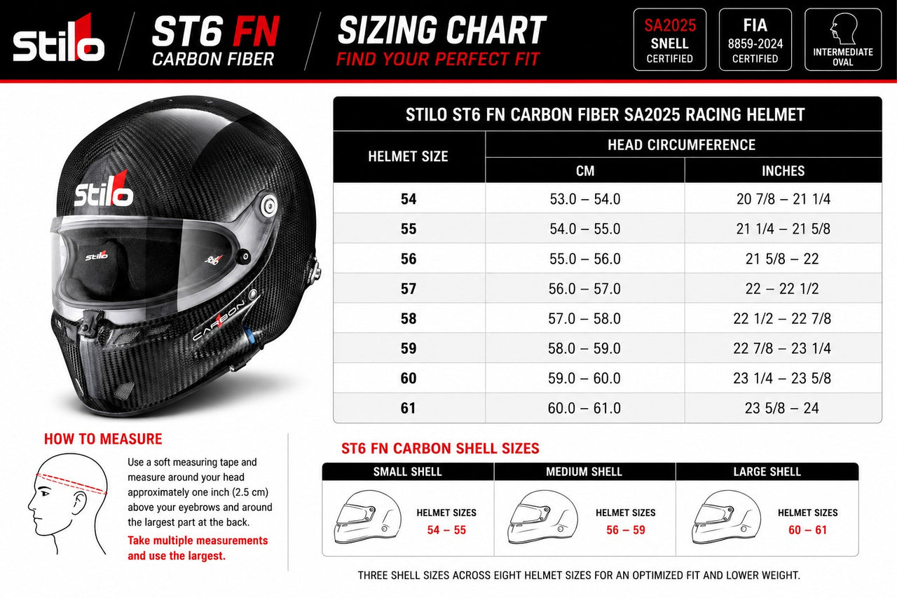 A sizing chart graphic for Stilo ST6 FN carbon fiber racing helmets, showing a black helmet on the left and a table listing helmet sizes from 54 to 61 with head circumference measurements in centimeters and inches. The right side includes shell size information and fit guidance.
