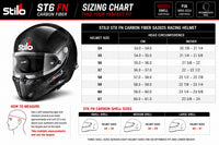 Thumbnail for A sizing chart graphic for Stilo ST6 FN carbon fiber racing helmets, showing a black helmet on the left and a table listing helmet sizes from 54 to 61 with head circumference measurements in centimeters and inches. The right side includes shell size information and fit guidance.
