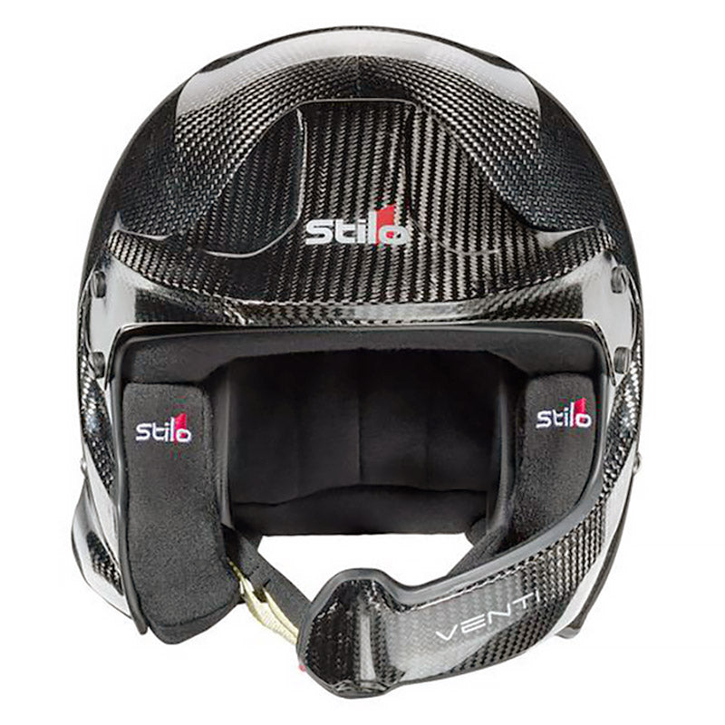 A close-up photo of the Stilo Venti WRC Carbon Fiber 8860-2018 helmet, showcasing its sleek carbon fiber shell and intricate ventilation design.