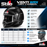 Thumbnail for Stilo VENTI WRX Dirt Carbon SA2025 FIA 8859 helmet sizing chart with head circumference measurements, shell sizes, fit guidance, and measuring instructions