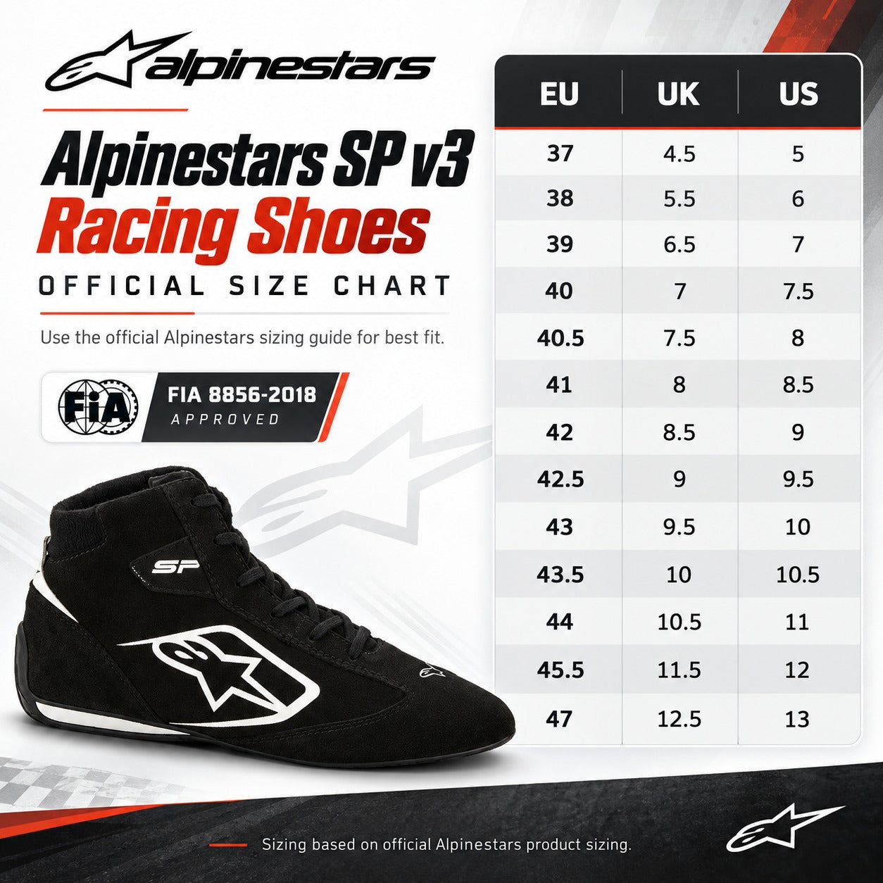 Alpinestars SP v3 Racing Shoes sizing chart featuring black suede racing shoes, EU sizes 37–47, official US men's and UK shoe size conversions, and FIA 8856-2018 certification.