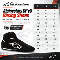 Thumbnail for Alpinestars SP v3 Racing Shoes sizing chart featuring black suede racing shoes, EU sizes 37–47, official US men's and UK shoe size conversions, and FIA 8856-2018 certification.