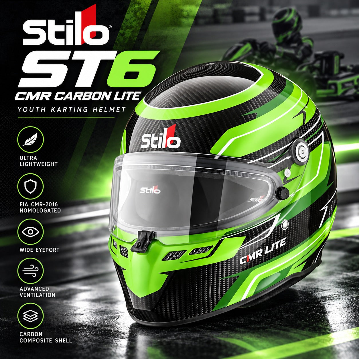 Stilo ST6 CMR Carbon Lite Kart Racing Helmet Green Graphic | Snell-FIA CMR-2016