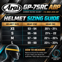 Thumbnail for Arai GP-7SRC ABP Carbon Racing Helmet Size Chart – FIA 8860-2018 ABP, XS to Large Helmet Sizes, Head Circumference in Centimeters and Inches, and Intermediate Oval Fit Guide