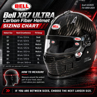 Thumbnail for Bell XR7 ULTRA Carbon Fiber SA2025 racing helmet sizing chart showing sizes 57− through 61+, head circumference in centimeters and inches, and instructions for measuring your head for proper helmet fit.