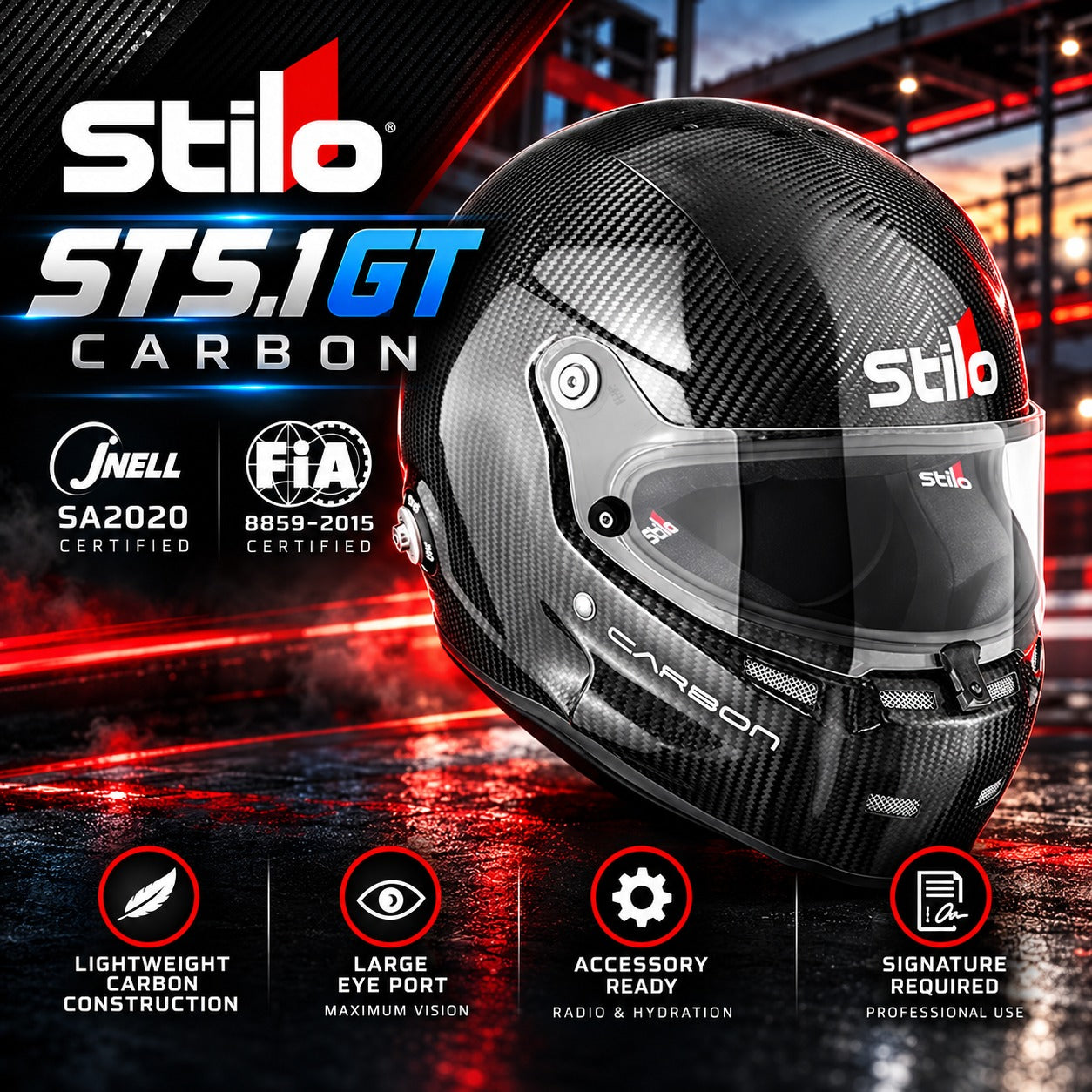 Stilo ST5.1 GT Carbon Fiber Racing Helmet hero image featuring a lightweight exposed carbon fiber shell, Snell SA2020 and FIA 8859-2015 certifications, large eyeport, integrated ventilation, and radio and hydration compatibility against a dramatic motorsport background