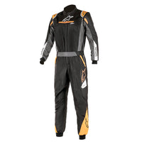 Thumbnail for Alpinestars Atom Graphic Driver Race Suit, featuring a two-piece design with a black, gray, and orange color scheme, including brand logos.