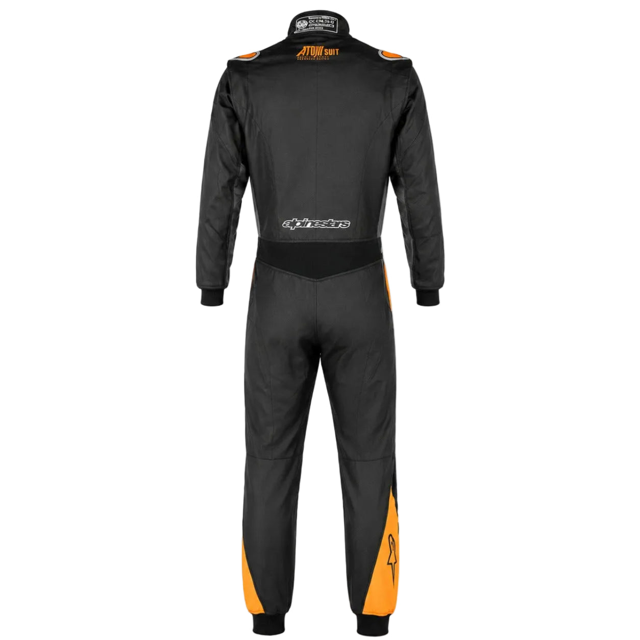 Alpinestars Atom Graphic Driver Race Suit black anthracite orange back view with Alpinestars back logo, Atom Suit collar branding, and orange lower leg accent.