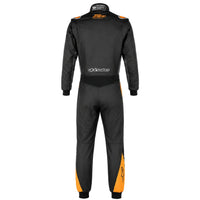 Thumbnail for Alpinestars Atom Graphic Driver Race Suit black anthracite orange back view with Alpinestars back logo, Atom Suit collar branding, and orange lower leg accent.