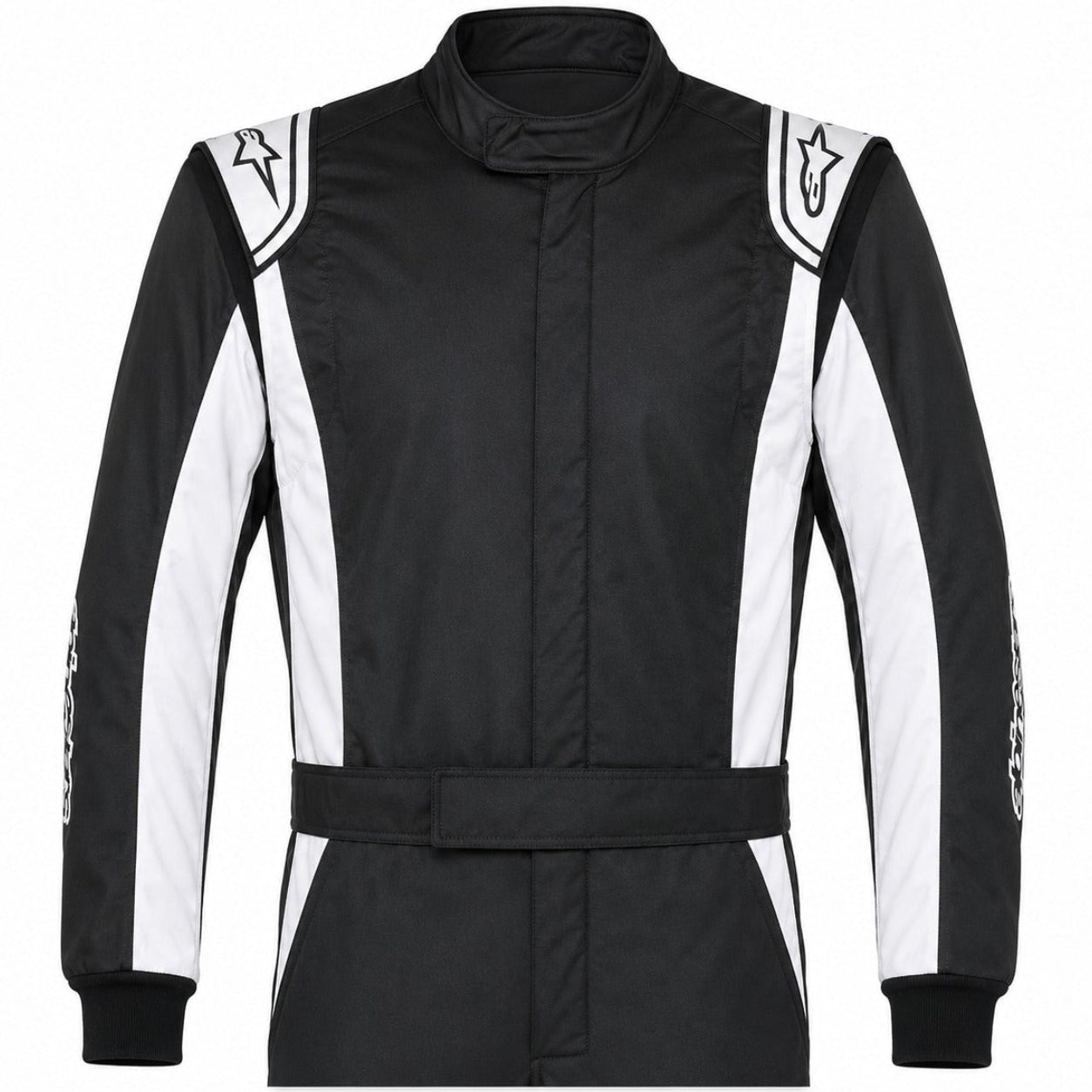 Alpinestars Atom Driver Race Suit black and white front half image with belted waist, ribbed cuffs, and standard racing suit collar.