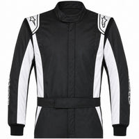 Thumbnail for Alpinestars Atom Driver Race Suit black and white front half image with belted waist, ribbed cuffs, and standard racing suit collar.