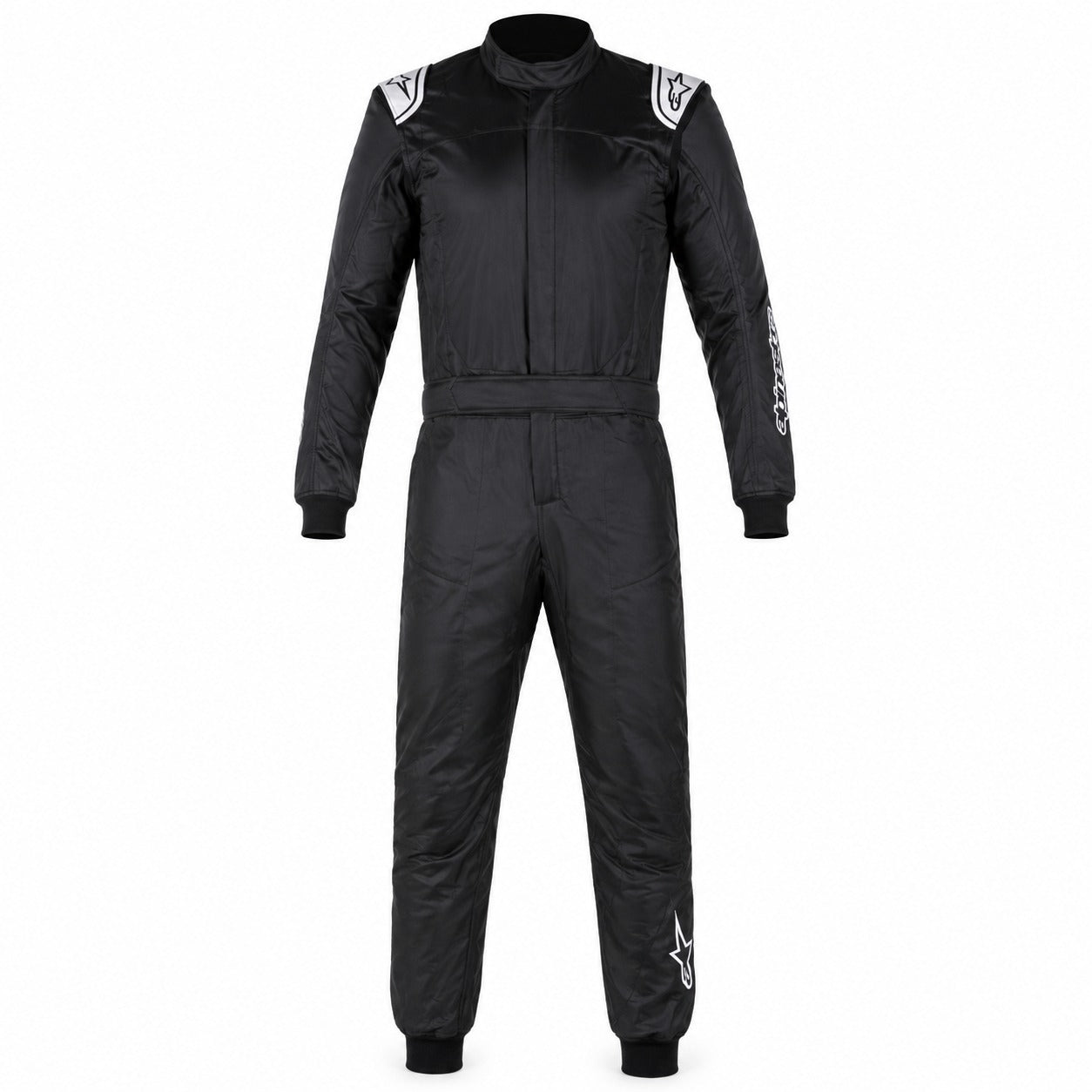 Black racing suit with white accents on a white background