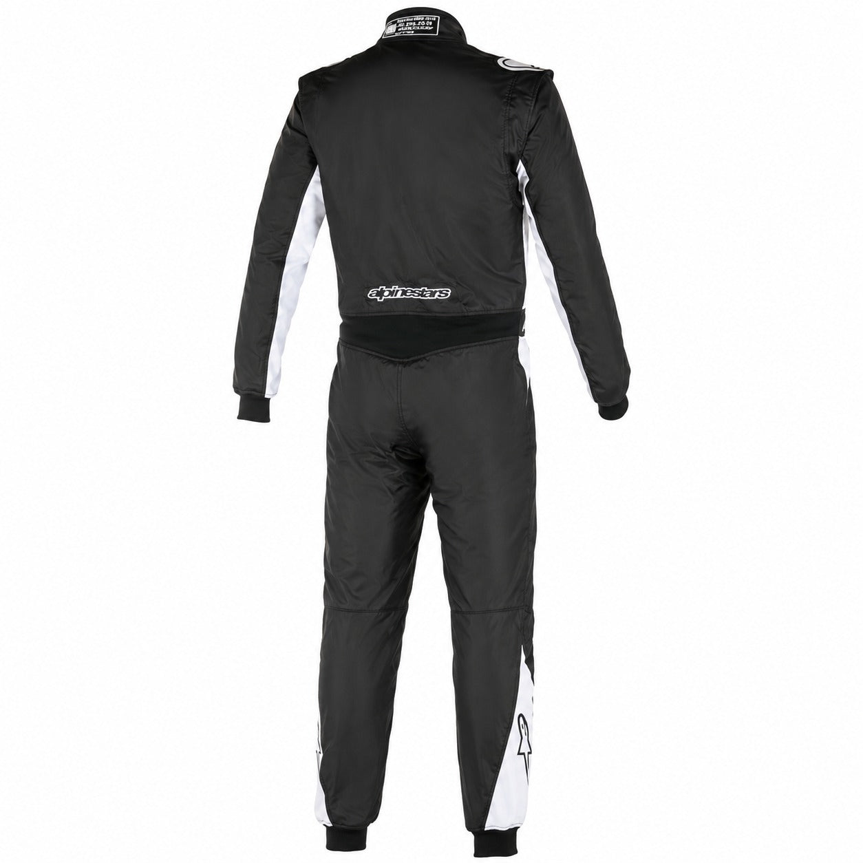Black racing suit with white accents on a white background