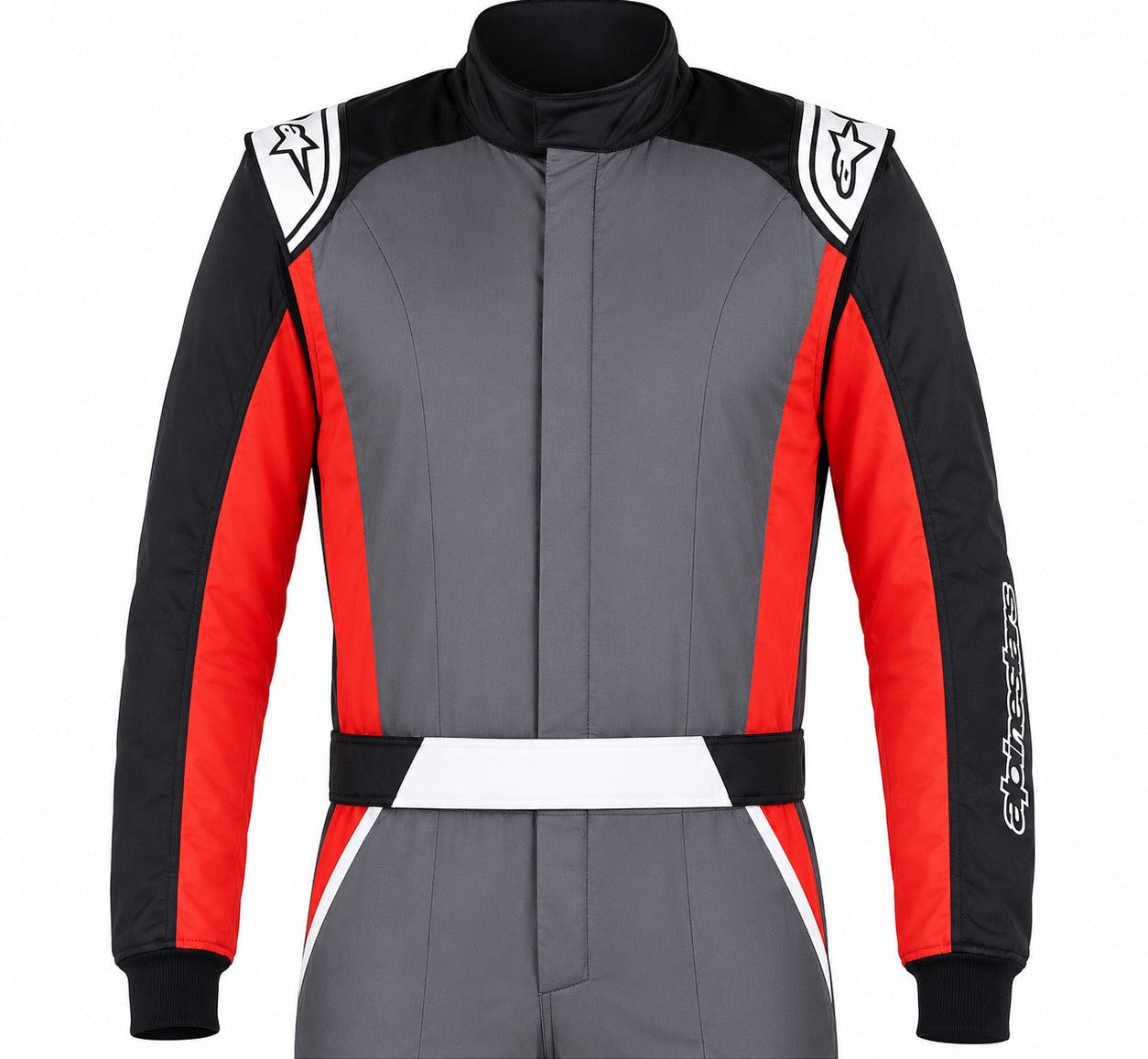 Alpinestars Atom Fire Suit in gray, red, and black, front-facing half suit image with visible sleeves, shoulder epaulettes, waist belt, and Alpinestars branding.
