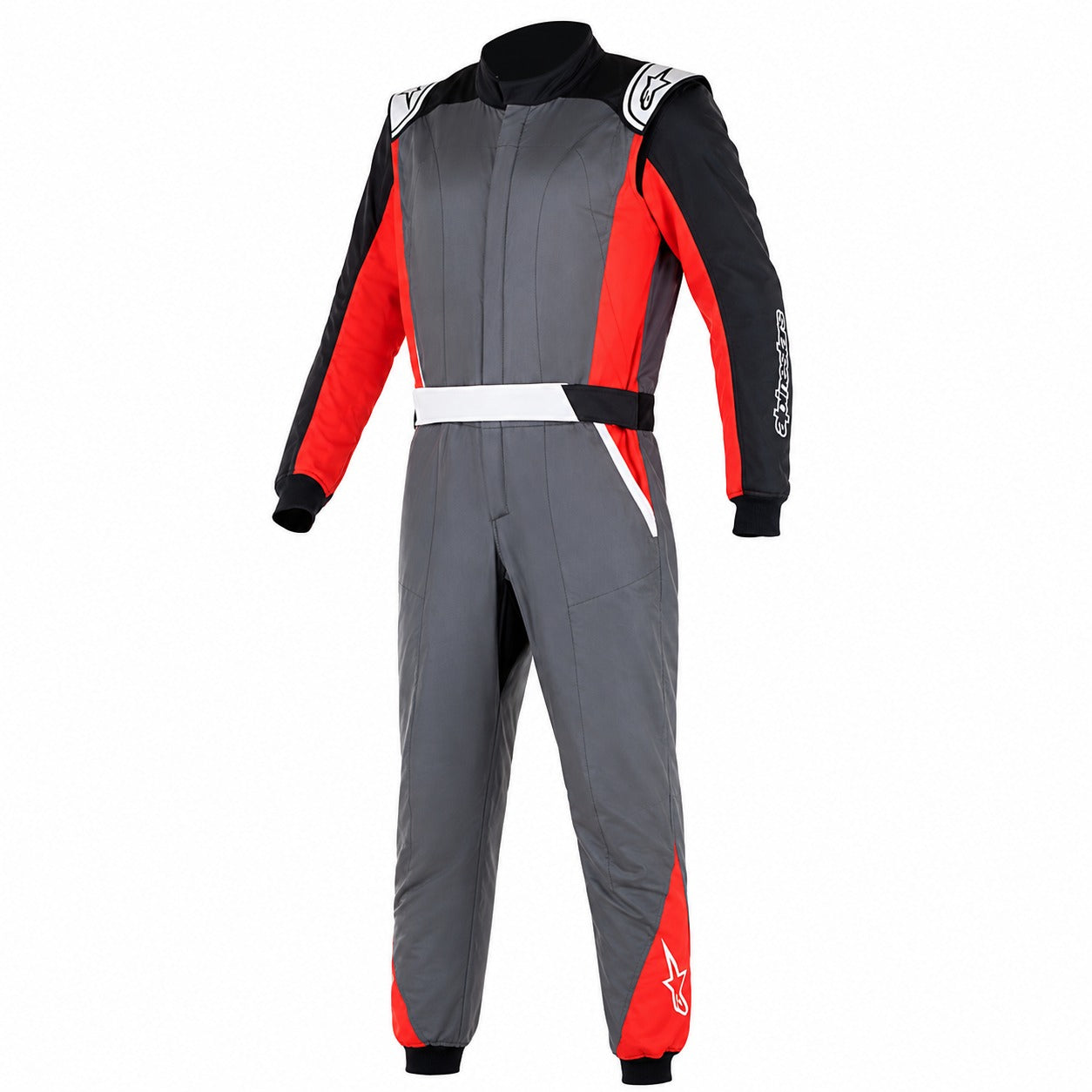 Alpinestars Atom Driver Race Suit Grey Red front view two-layer racing suit with aramid construction, belted waist, and ribbed cuffs.