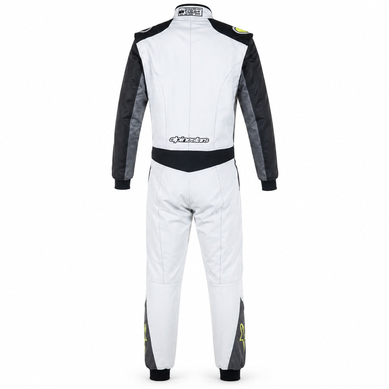White and black racing suit with visible branding on a white background
