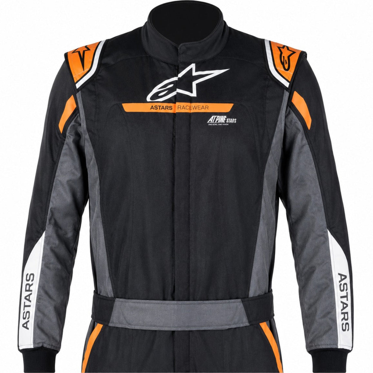 Alpinestars Atom Graphic Driver Race Suit Boot Cuff black, gray, and orange SFI racing suit front half image with floating arms and belted waist.