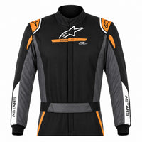 Thumbnail for Alpinestars Atom Graphic Driver Race Suit black anthracite orange half image facing front with orange shoulder epaulettes, gray sleeves, adjustable waist belt, and A-Stars sleeve logos.