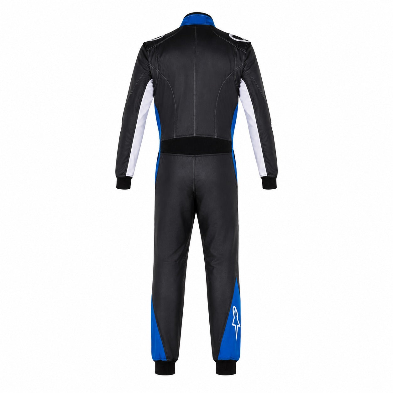 Back view of the Alpinestars Atom racing suit in black, white, and blue.