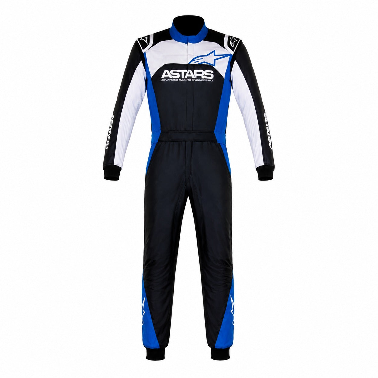 Front view of the Alpinestars Atom racing suit in black, white, and blue.