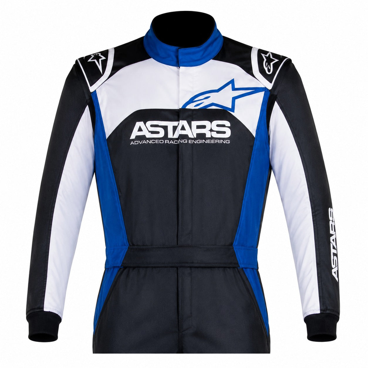 Front upper-body image of the Alpinestars Atom racing suit in black, white, and blue.