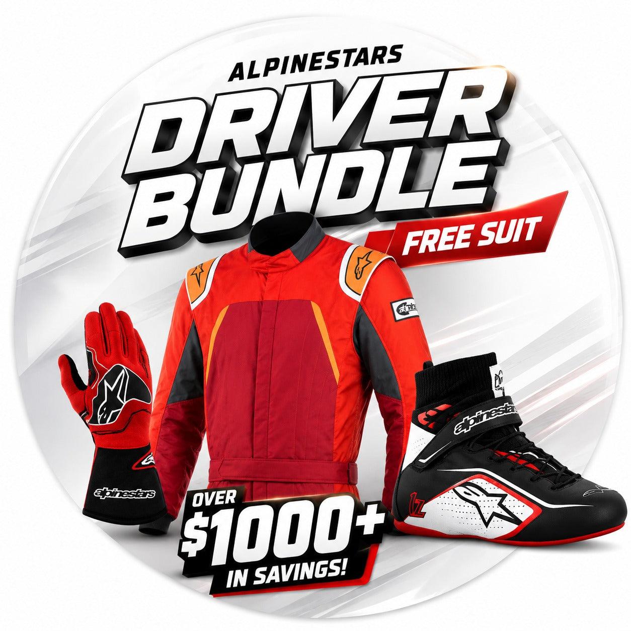 Alpinestars Driver Bundle promotional image featuring a red race suit, red racing glove, black and white racing shoe, and text reading Free Suit and Over $1000+ in Savings.