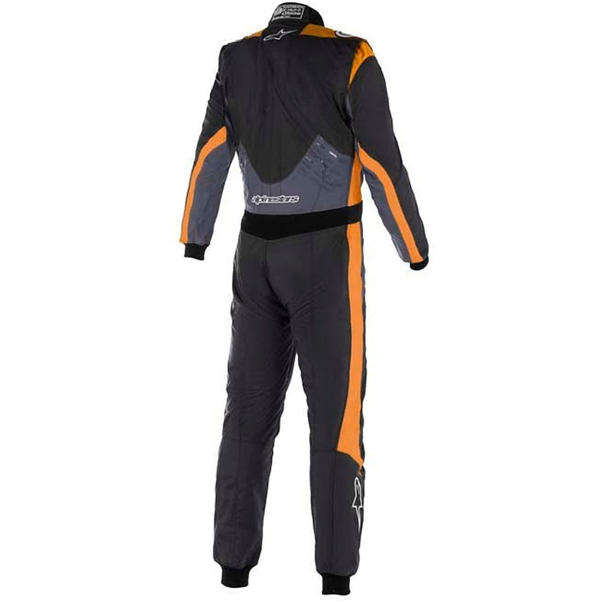 Back view of the Alpinestars GP Pro Comp V2 fire suit in black, orange, and grey.