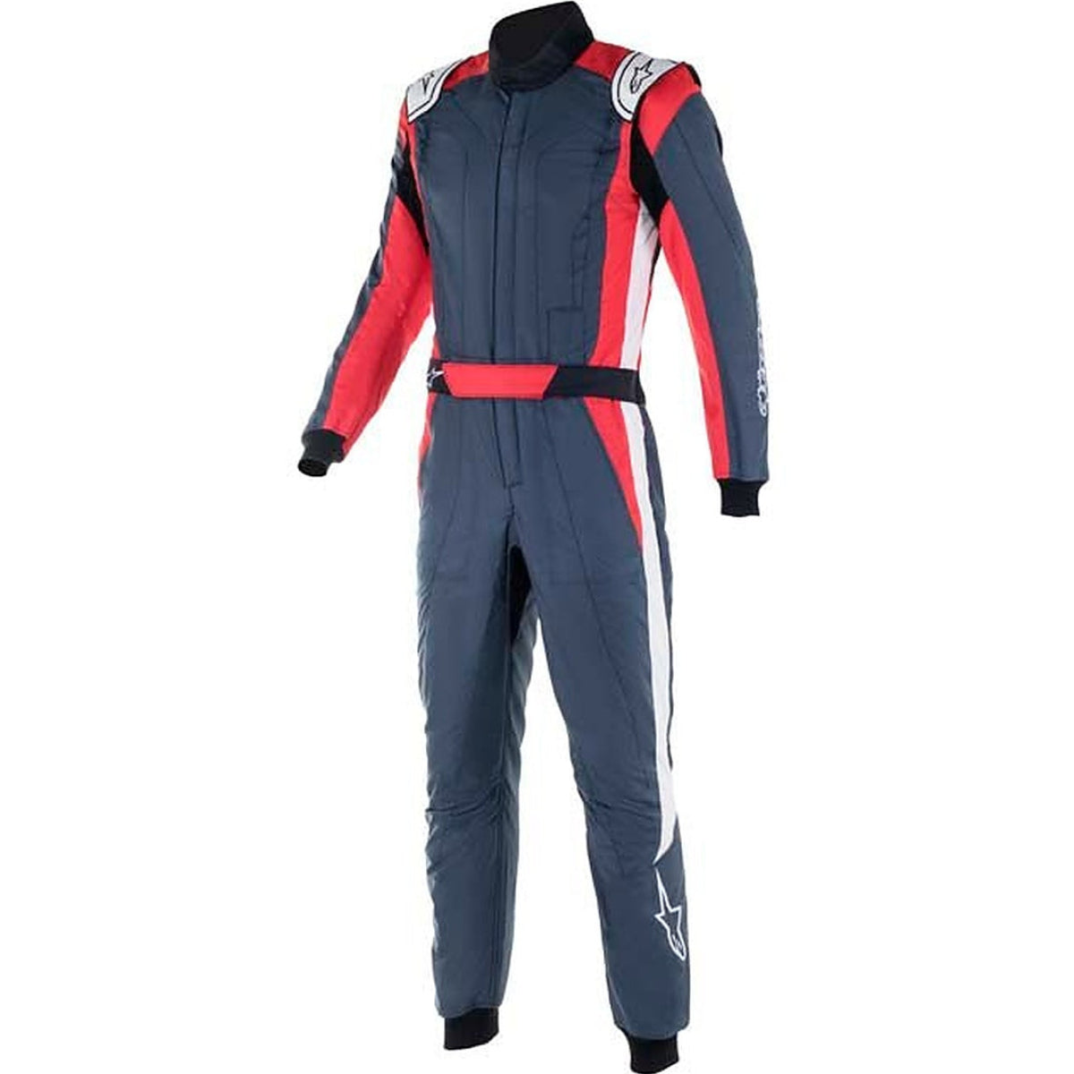 Front view of the Alpinestars GP Pro Comp V2 fire suit in black, red, and white