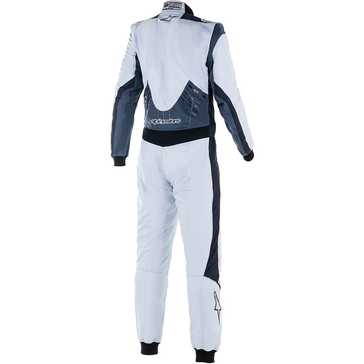 Back view of the Alpinestars GP Pro Comp V2 fire suit in silver, grey, and black.