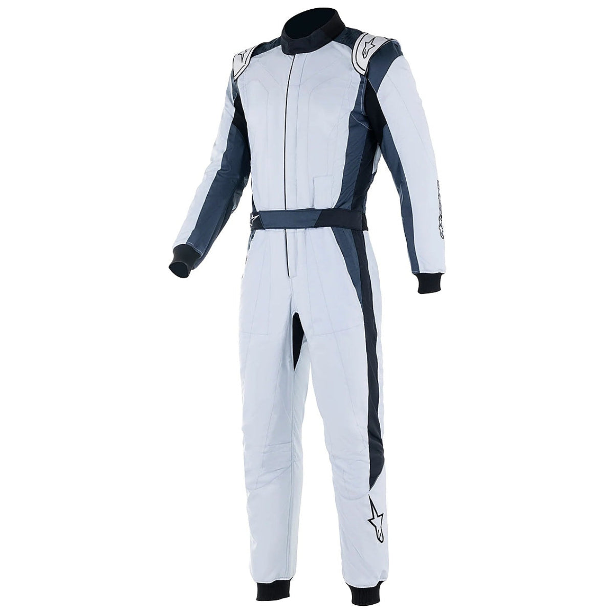 Front view of the Alpinestars GP Pro Comp V2 fire suit in silver, grey, and black.