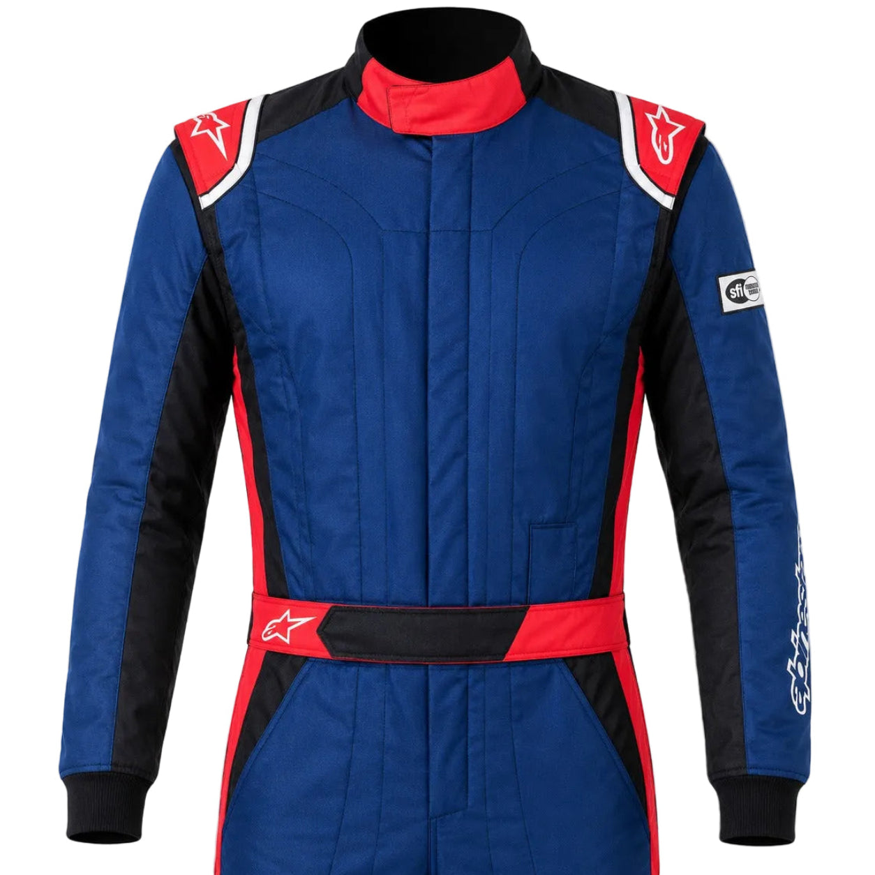 Alpinestars GP Pro Comp v2 navy and red race suit half image facing front with red shoulder epaulettes, black sleeves, SFI patch, and Alpinestars sleeve logo.