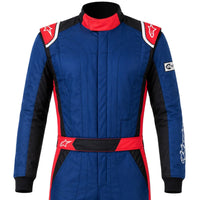 Thumbnail for Alpinestars GP Pro Comp v2 navy and red race suit half image facing front with red shoulder epaulettes, black sleeves, SFI patch, and Alpinestars sleeve logo.
