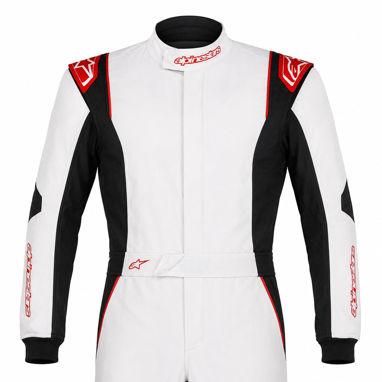 Alpinestars GP Tech v4 white and black driver race suit half image with red accents on a clean white background.