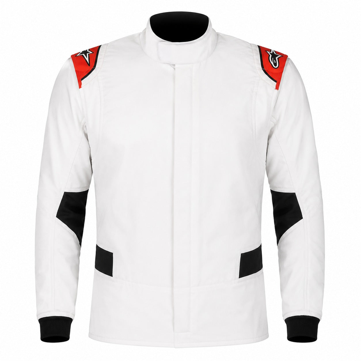Alpinestars Hypertech V2 white fire suit half-suit image with red shoulder accents and black side panels on white background
