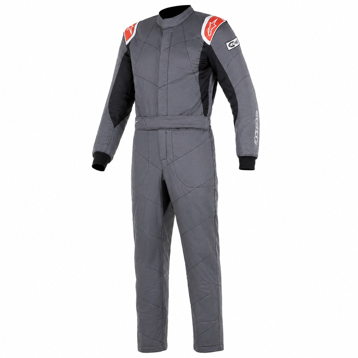 Alpinestars Knoxville v2 Driver Race Suit grey black and red front view with SFI 3.2A/5 fire-resistant construction.