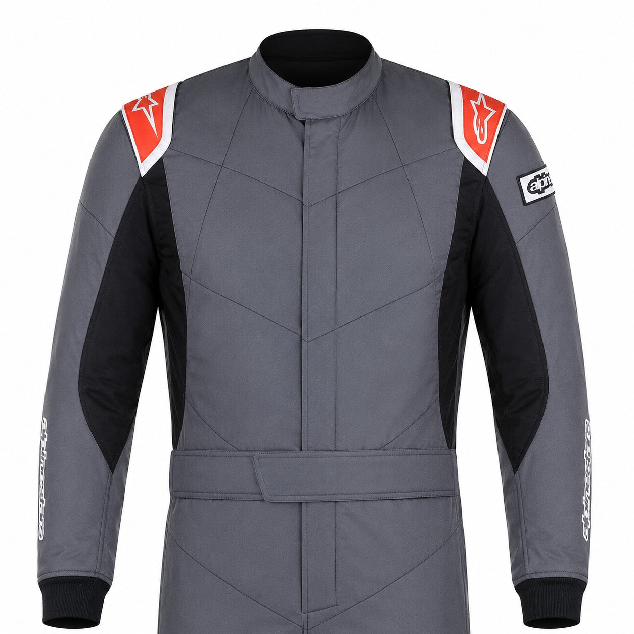 Alpinestars Knoxville v2 Fire Suit grey black and red front half view racing suit.