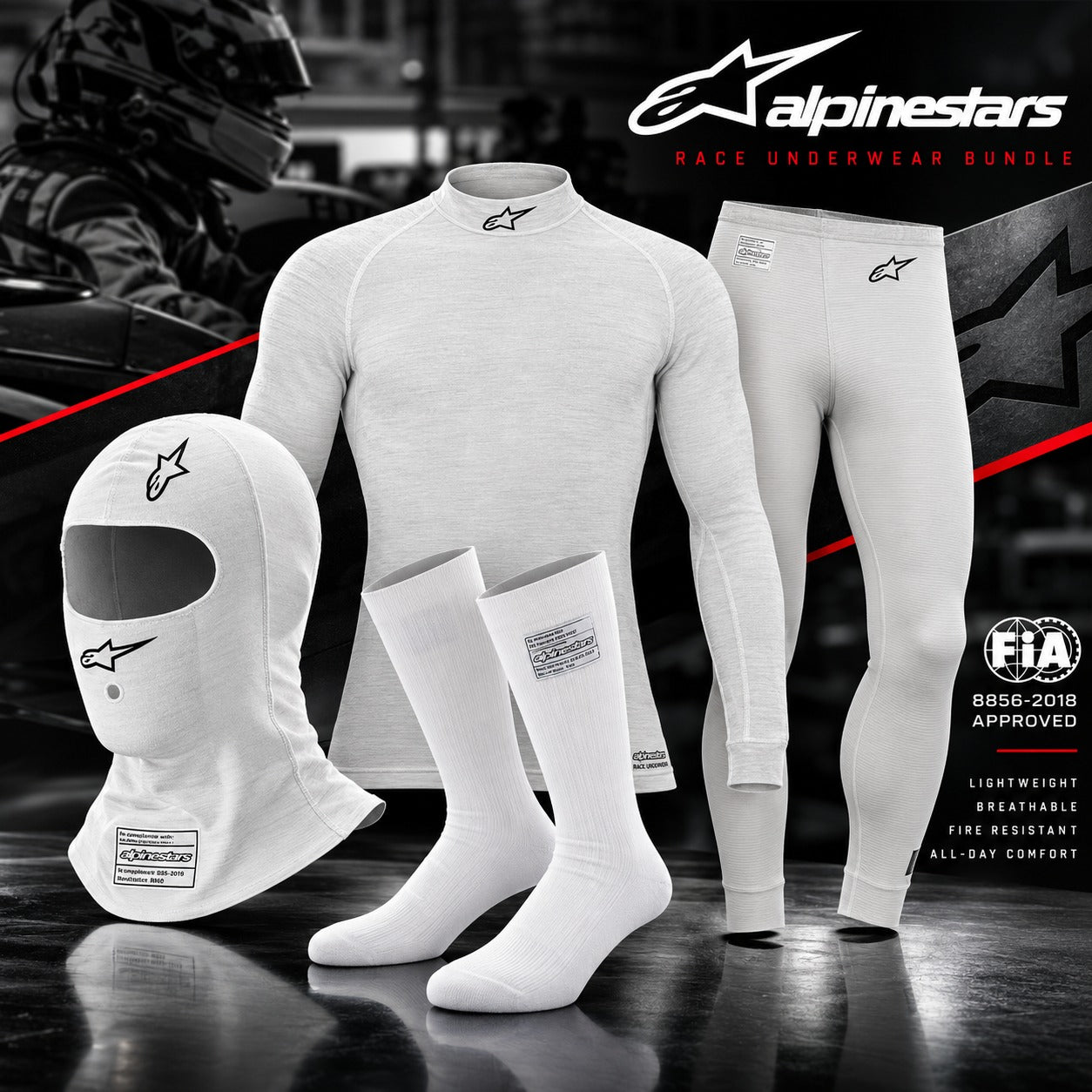 Alpinestars Race Nomex racing underwear bundle with balaclava, shirt, pants and socks FIA 8856-2018 certified