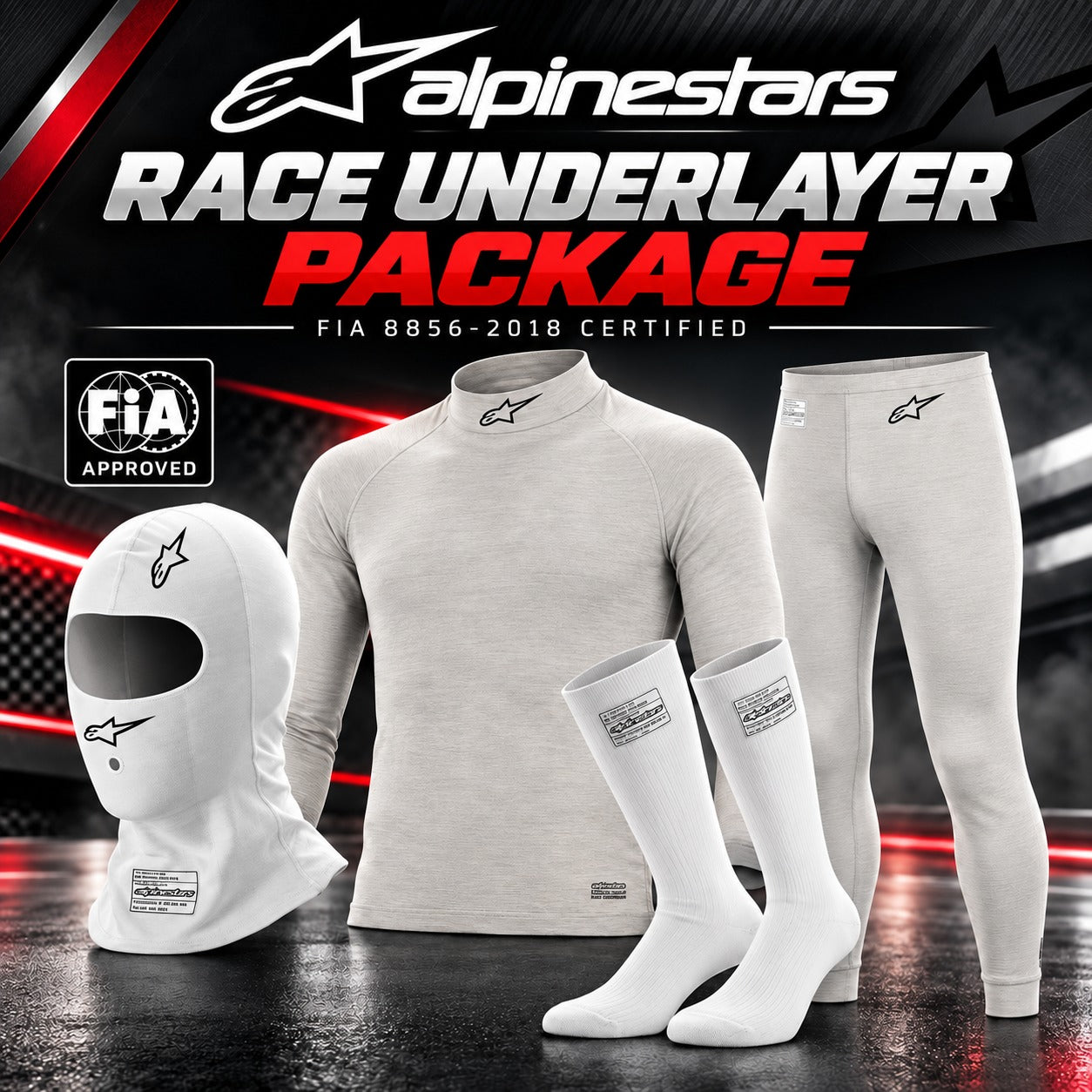 Alpinestars Race Underlayer Package including a light gray long-sleeve top, matching pants, white balaclava, and white socks, displayed with FIA Approved badge on a dark racing-themed background.