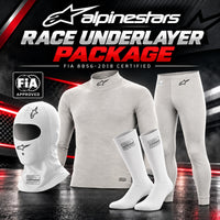 Thumbnail for Alpinestars Race Underlayer Package including a light gray long-sleeve top, matching pants, white balaclava, and white socks, displayed with FIA Approved badge on a dark racing-themed background.