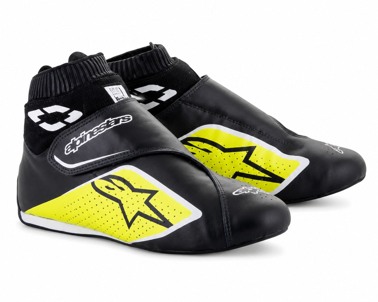 Alpinestars racing shoes in black and yellow with lightweight high-top design, ankle support, and motorsport pedal feel