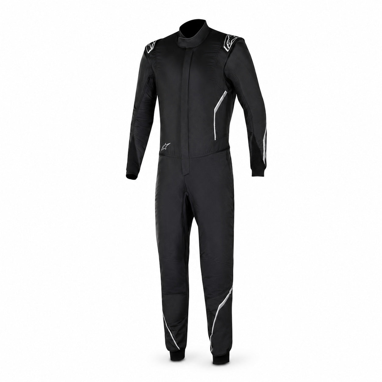Alpinestars racing suit in black shown from the front on a clean white background