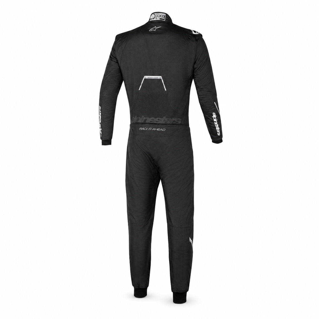 Alpinestars racing suit in black shown from the rear on a clean white background