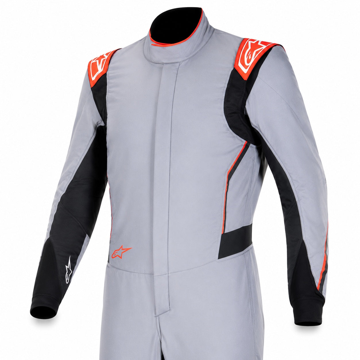Alpinestars racing suit in grey with orange accents shown as a half front product image on a clean white background