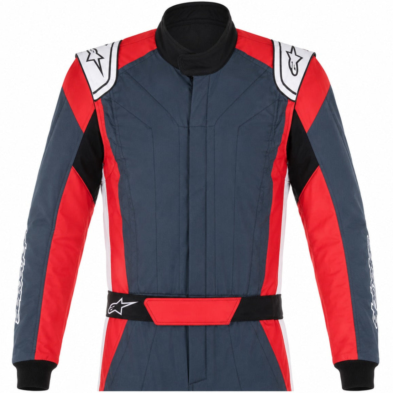 Front view upper-body image of an Alpinestars racing suit in charcoal, red, and white.