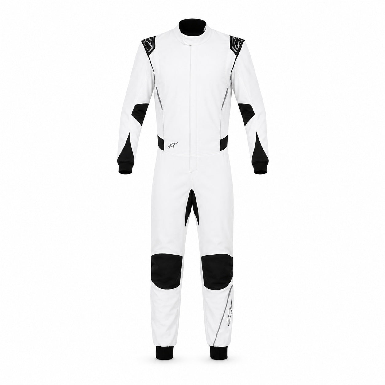 Alpinestars racing suit in white with black accents shown from the front on a clean white background