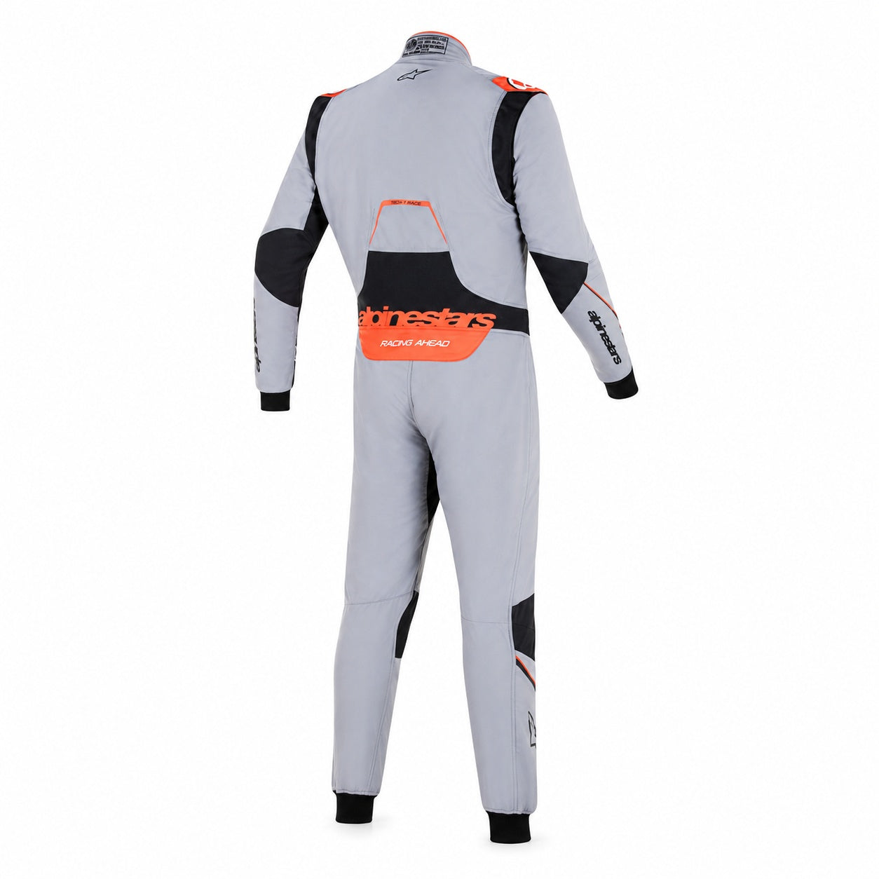 Alpinestars racing suit in white with black accents shown from the rear on a clean white background
