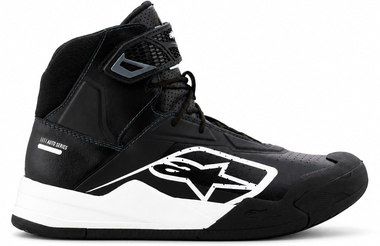 Alpinestars Radar v2 Racing Shoes in black and white, single right-facing high-top racing shoe with ankle strap, white midsole, black toe protection, and Alpinestars side logo.