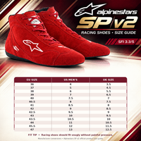Thumbnail for Alpinestars SP v2 Racing Shoes sizing chart featuring red suede auto racing shoes, EU sizes 36–47, official US men's and UK shoe size conversions, and SFI 3.3/5 certification.