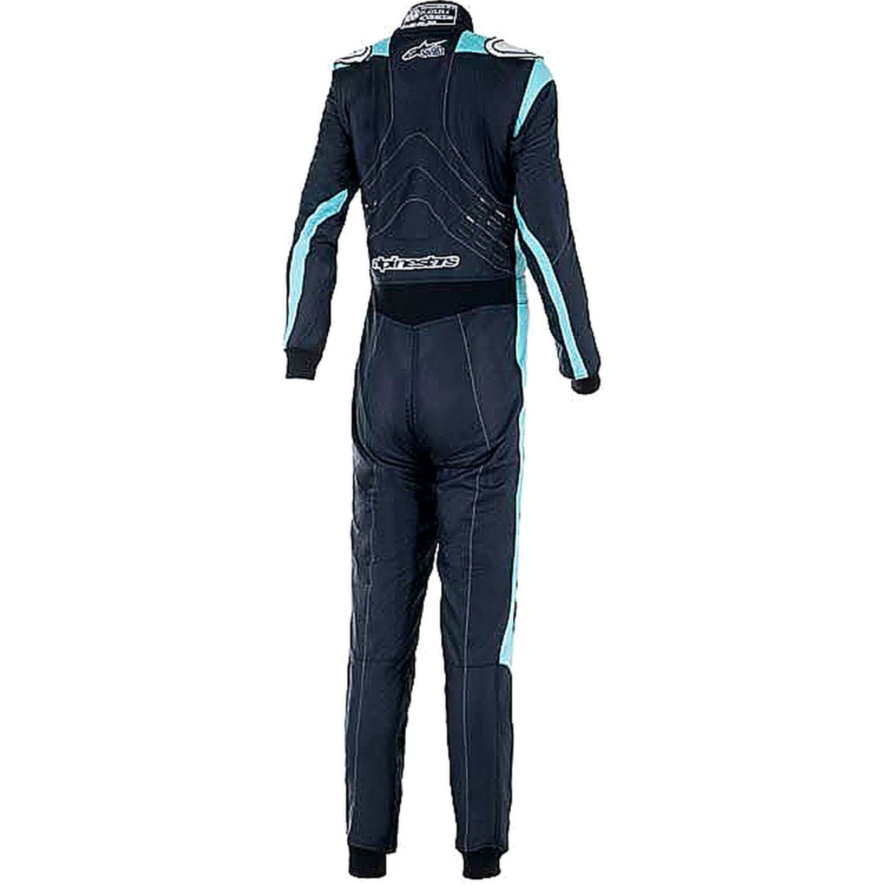 Alpinestars Stella GP Pro Comp v2 race suit black turquoise back back view on a clean white Shopify-ready background.