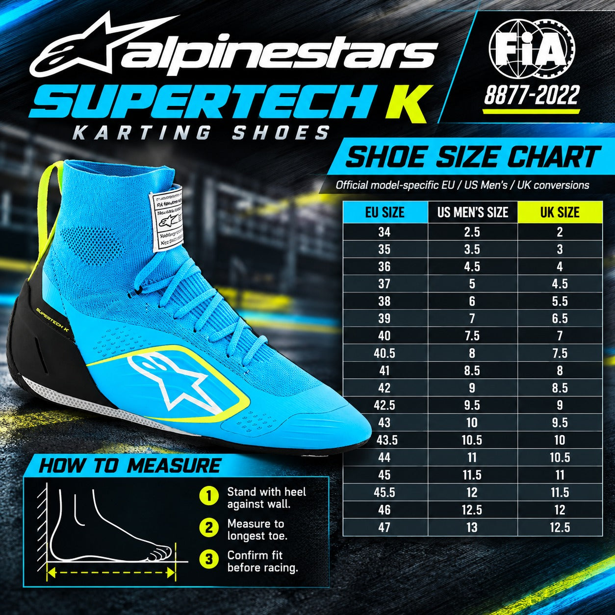 Alpinestars Supertech K shoe size chart and sizing guide for karting shoes, featuring a bright blue and black shoe illustration, a size conversion table, and a foot measurement diagram.